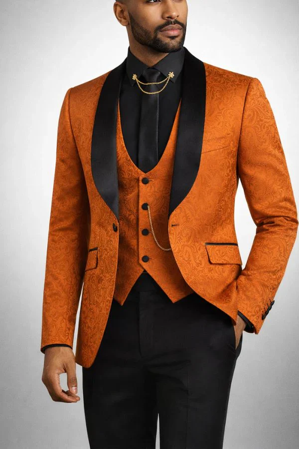 Men’s Designer Burnt Orange Floral Brocade Slim Fit Formal Tuxedo - Image 4