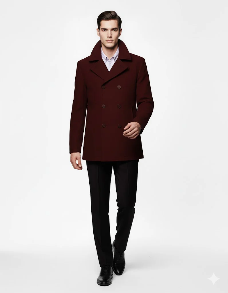 Men'S Designer Men'S Wool Men'S Peacoat Sale Wool Fabric Double Breasted Style Coat For Men Dark Burgundy - Image 3