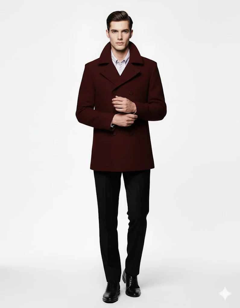 Men'S Designer Men'S Wool Men'S Peacoat Sale Wool Fabric Double Breasted Style Coat For Men Dark Burgundy - Image 4