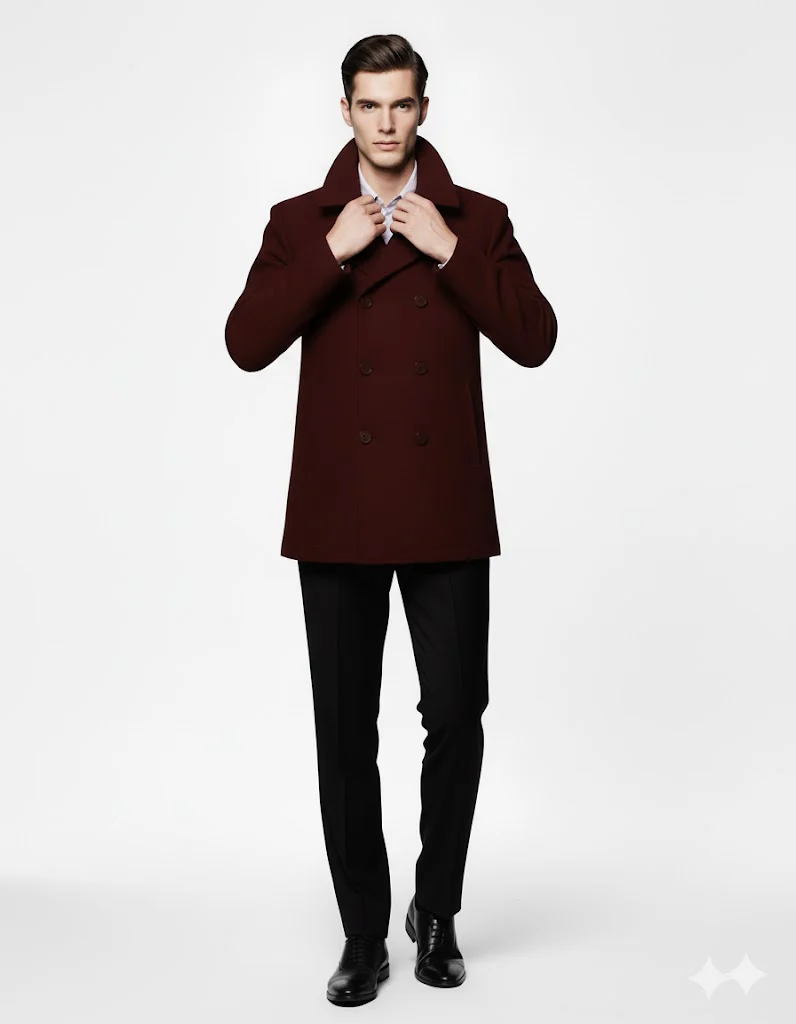 Men'S Designer Men'S Wool Men'S Peacoat Sale Wool Fabric Double Breasted Style Coat For Men Dark Burgundy - Image 7