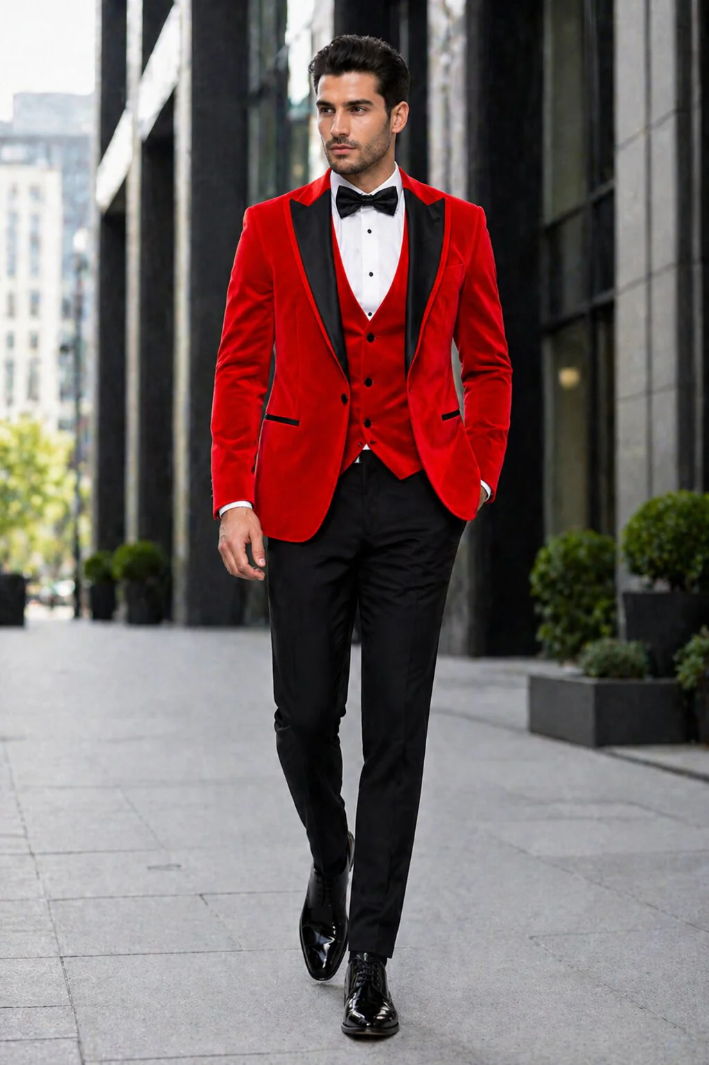 Mens Designer Velvet Tuxedo Jacket in Red - Image 4