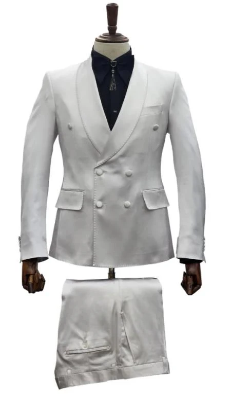 Mens Double Breast Suit White - Sateen Shiny Fabric Metallic Fabric - Sharskin