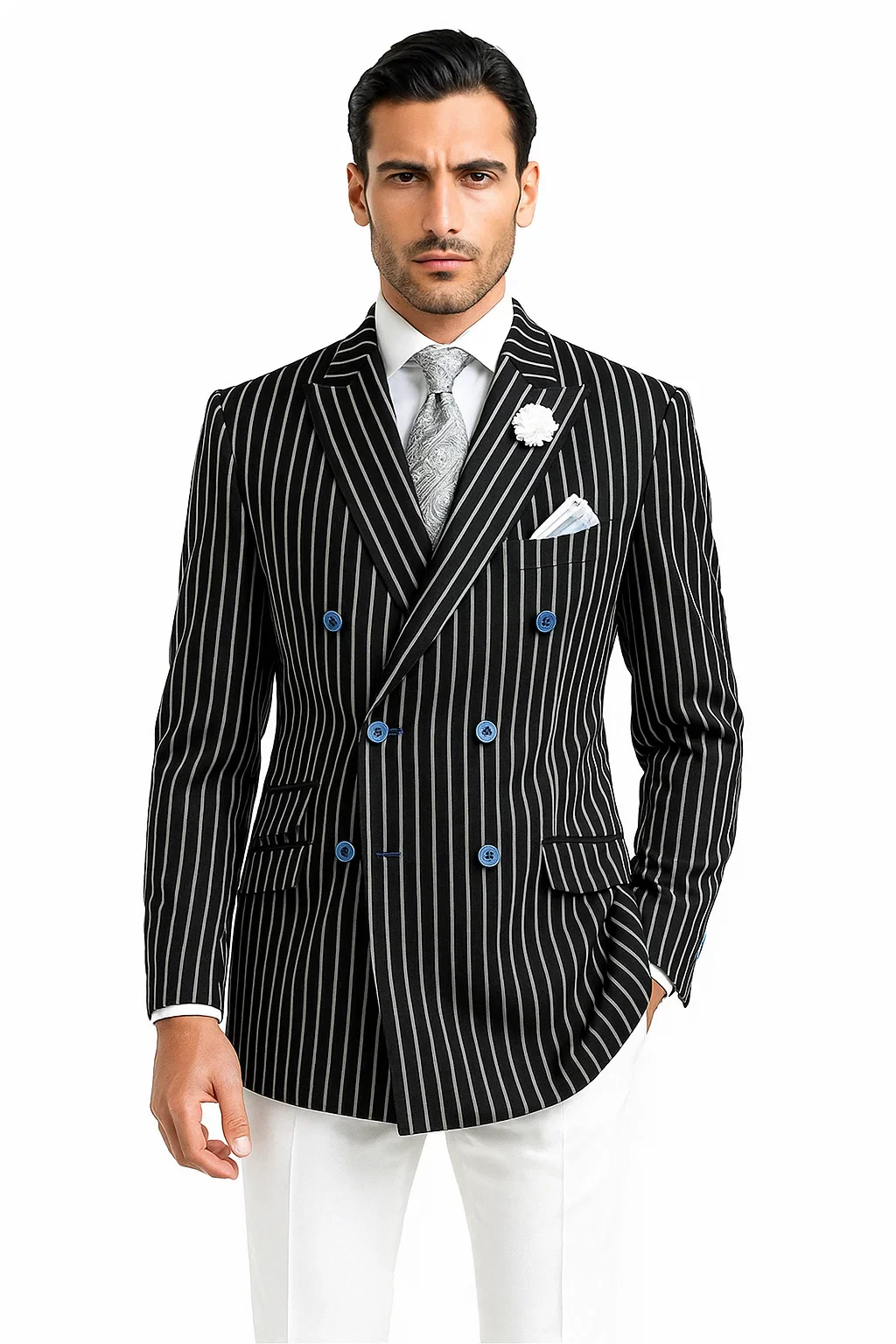 Mens Double Breasted Blazer in Color Black - Pinstripe Sportcoat - Image 2