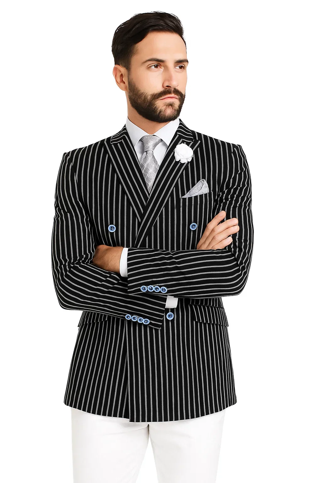 Mens Double Breasted Blazer in Color Black - Pinstripe Sportcoat - Image 4