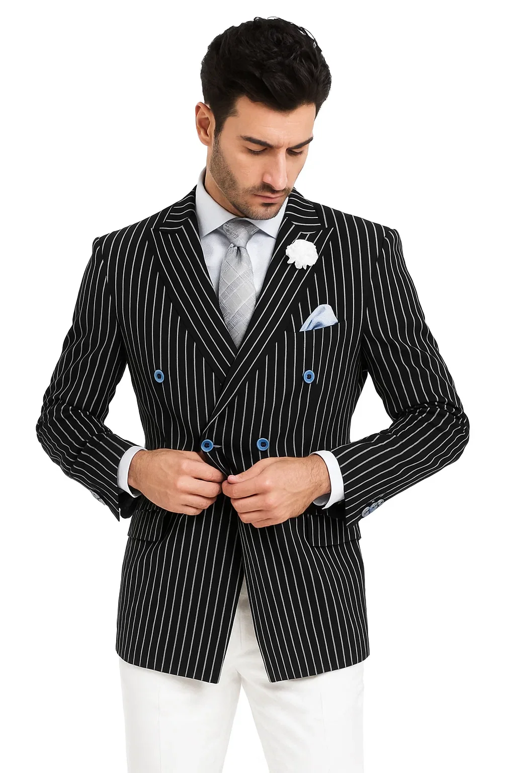 Mens Double Breasted Blazer in Color Black - Pinstripe Sportcoat - Image 5