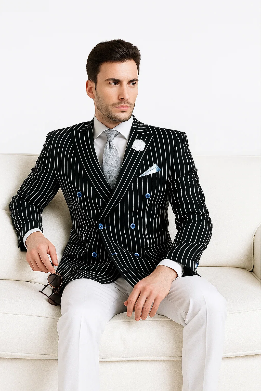 Mens Double Breasted Blazer in Color Black - Pinstripe Sportcoat - Image 6