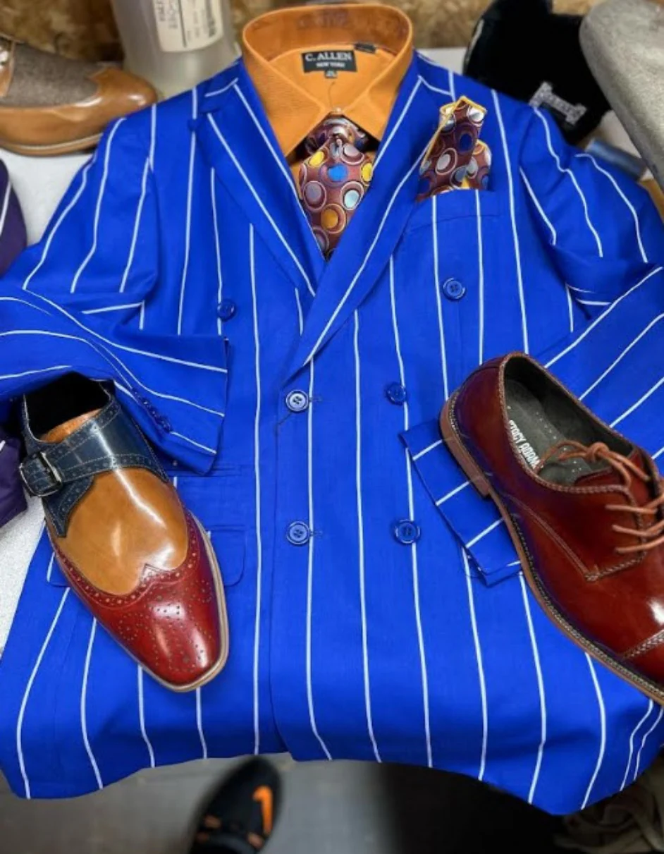 Mens Double Breasted Blazer Suit Jacket - Bold Pinstripe Sport Coat in Royal and White Pinstripe