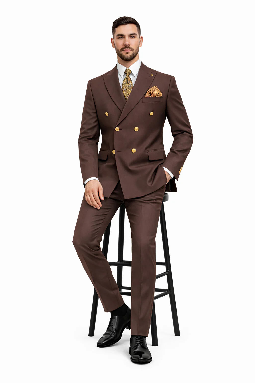 Mens Double Breasted Blazer - Wool Feel Brown Sport Coat With Gold Buttons - Image 4