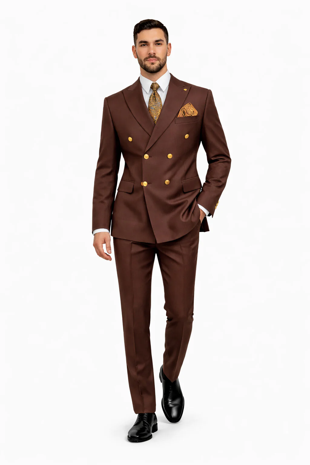 Mens Double Breasted Blazer - Wool Feel Brown Sport Coat With Gold Buttons - Image 5