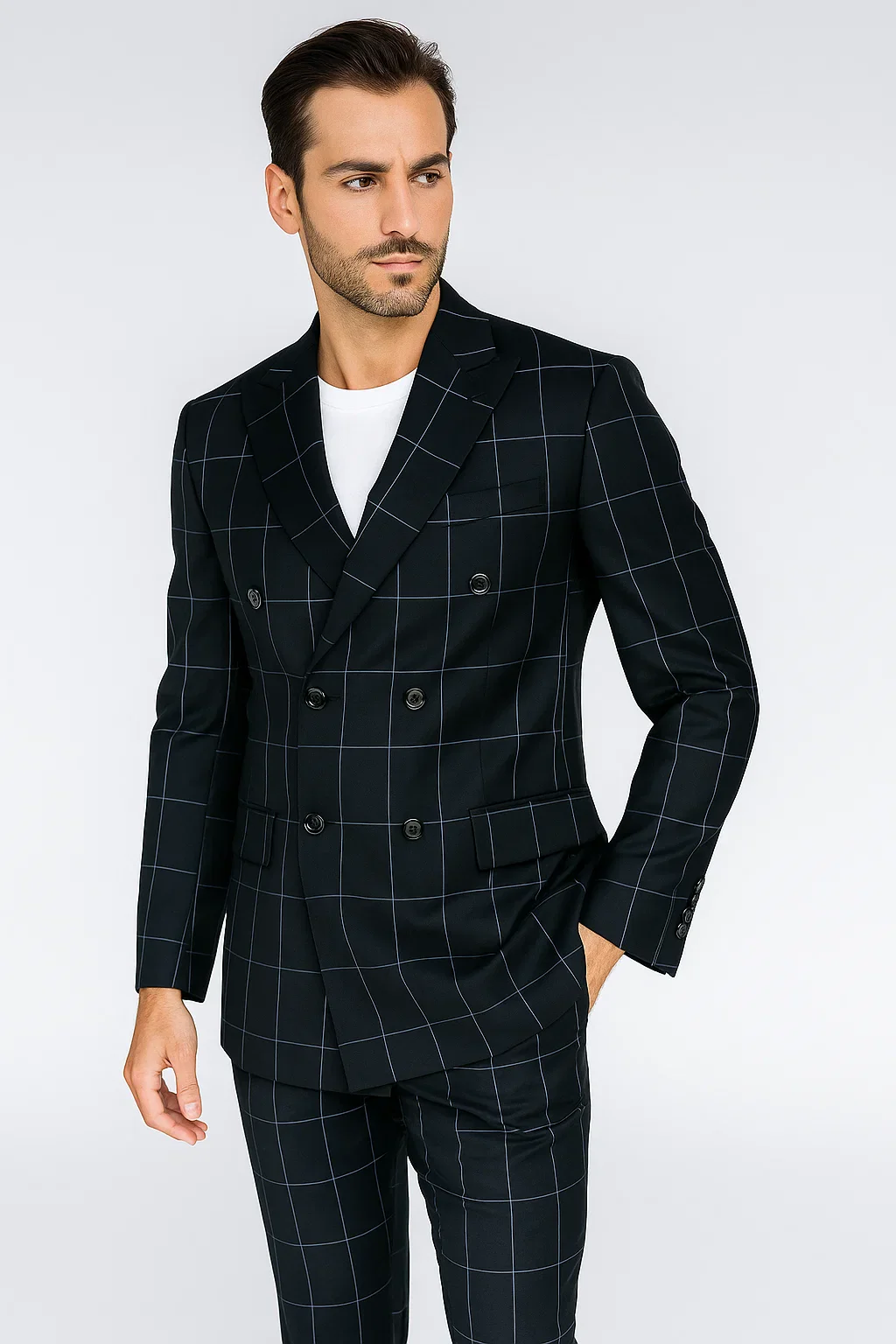 Mens Double Breasted Bold Windowpane Suit in Black - Image 4