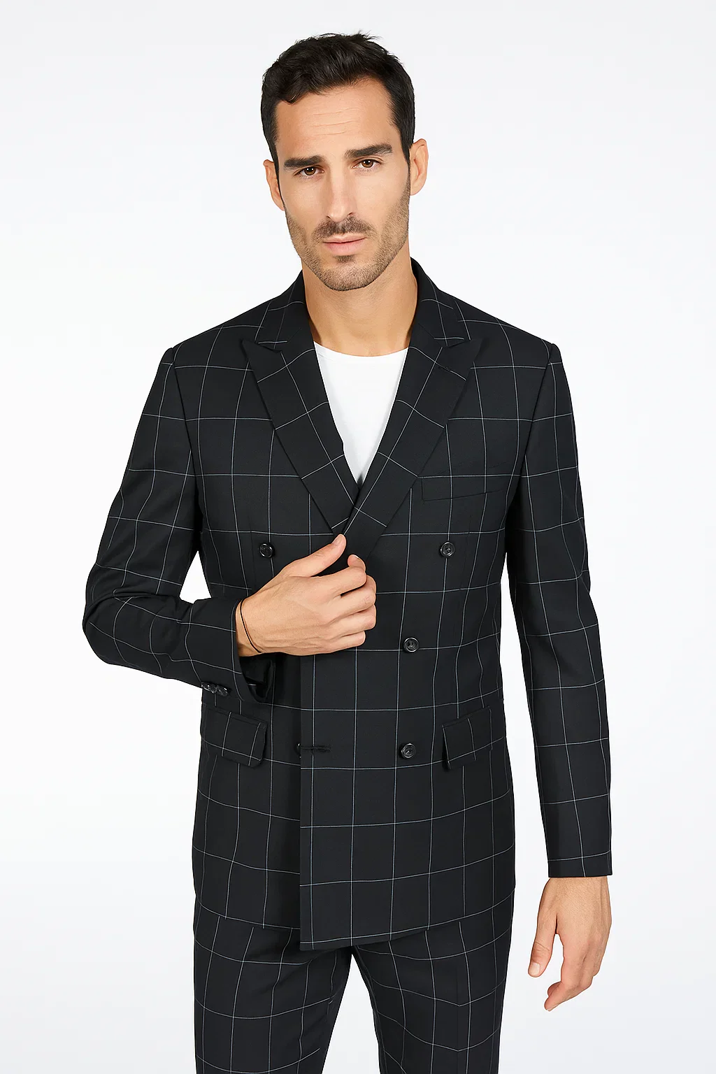 Mens Double Breasted Bold Windowpane Suit in Black - Image 5