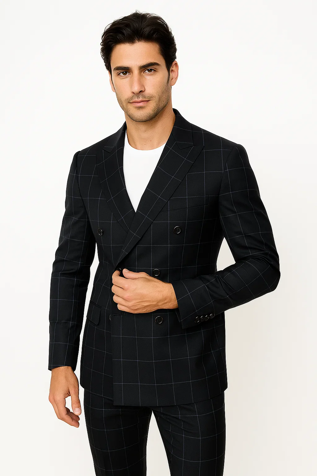 Mens Double Breasted Bold Windowpane Suit in Black - Image 6