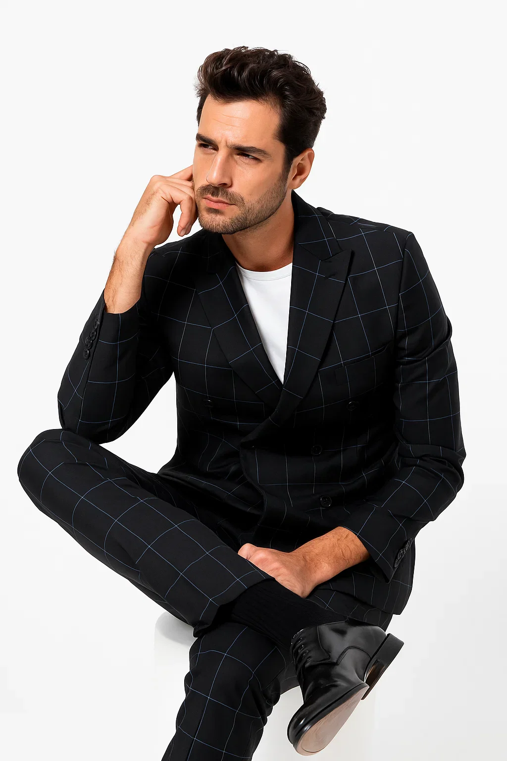 Mens Double Breasted Bold Windowpane Suit in Black - Image 7
