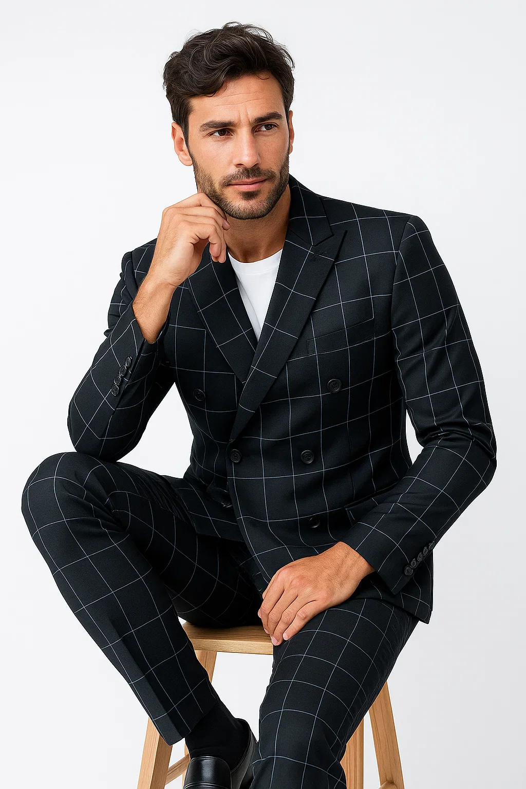 Mens Double Breasted Bold Windowpane Suit in Black - Image 8