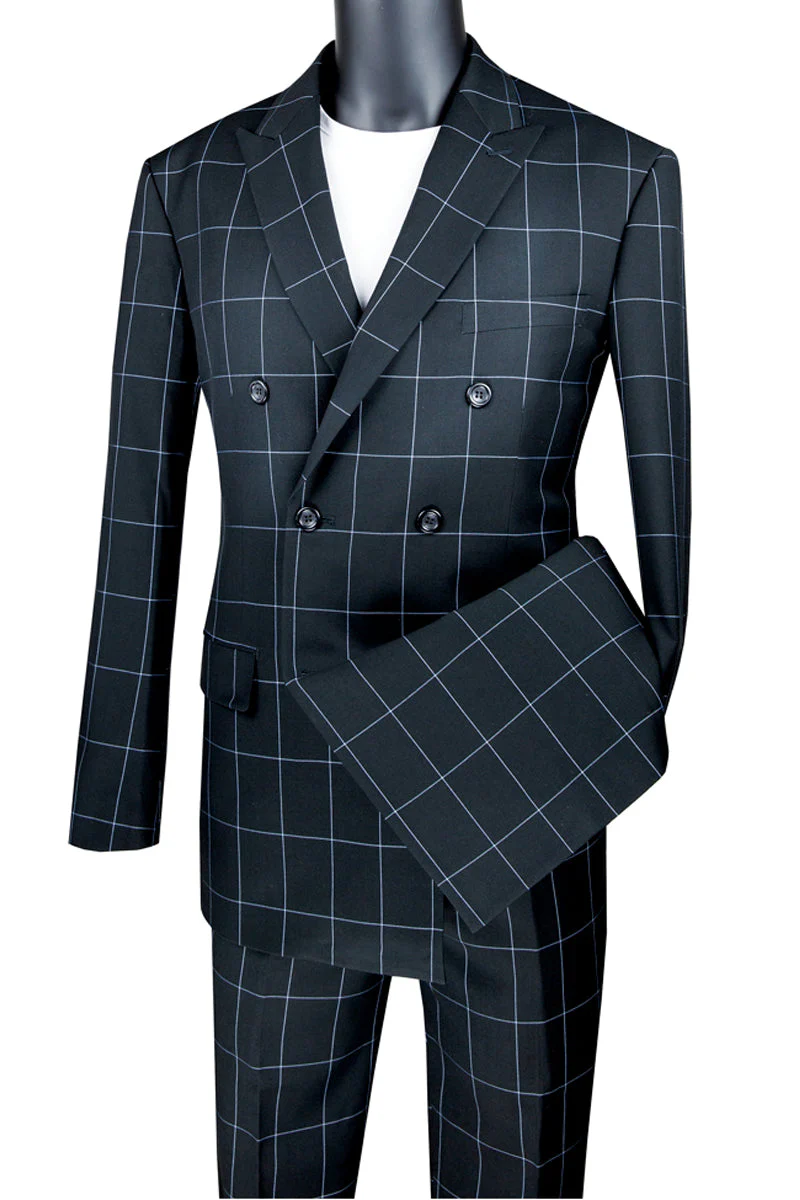 Mens Double Breasted Bold Windowpane Suit in Black - Image 9