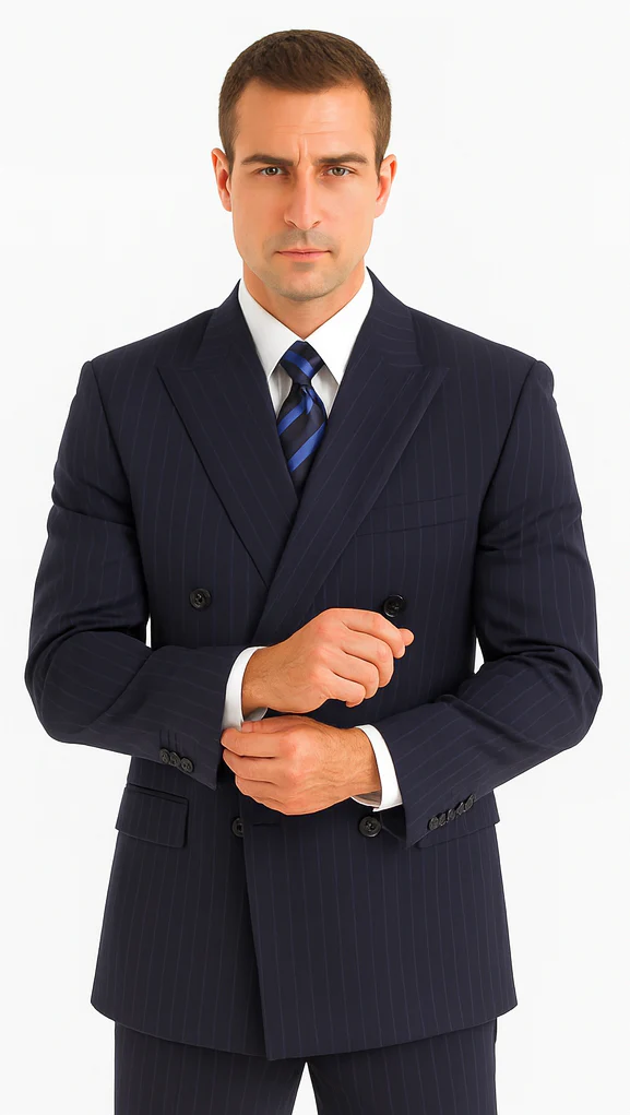 Men's Double Breasted Suits Navy Blue Suit For Men/PS Suit With Smooth Stripe ~ Pinstripe Full Canvanced Poly~Rayon Feel Pleated Pants - Image 7