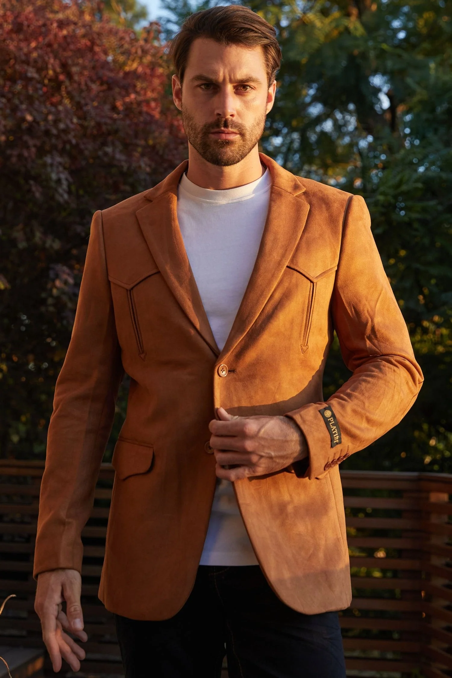 Men’s Double-Button Faux Suede Blazer in Camel - Image 4