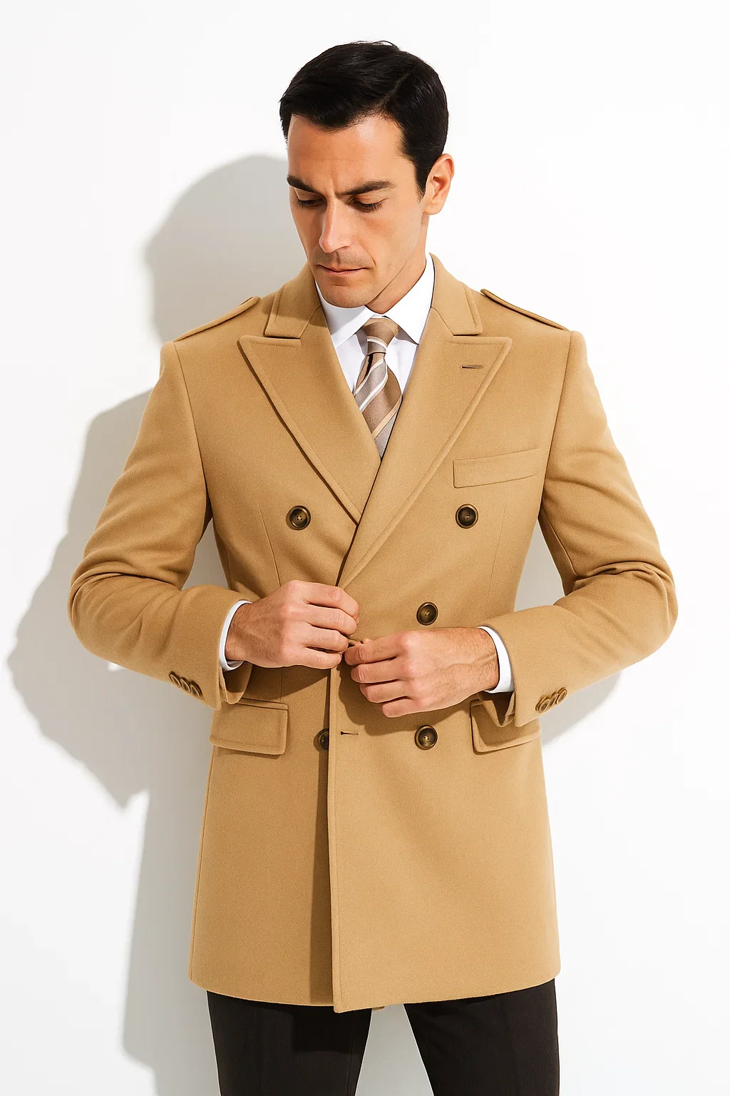 Men'S Dress Coat 36 Inch Cashmere Double Breasted Long Men'S Dress Topcoat - Winter Coat Designer Men'S Peacoat Sale Overcoat Wide Peak Lapel 6 Buttons Camel - Image 4