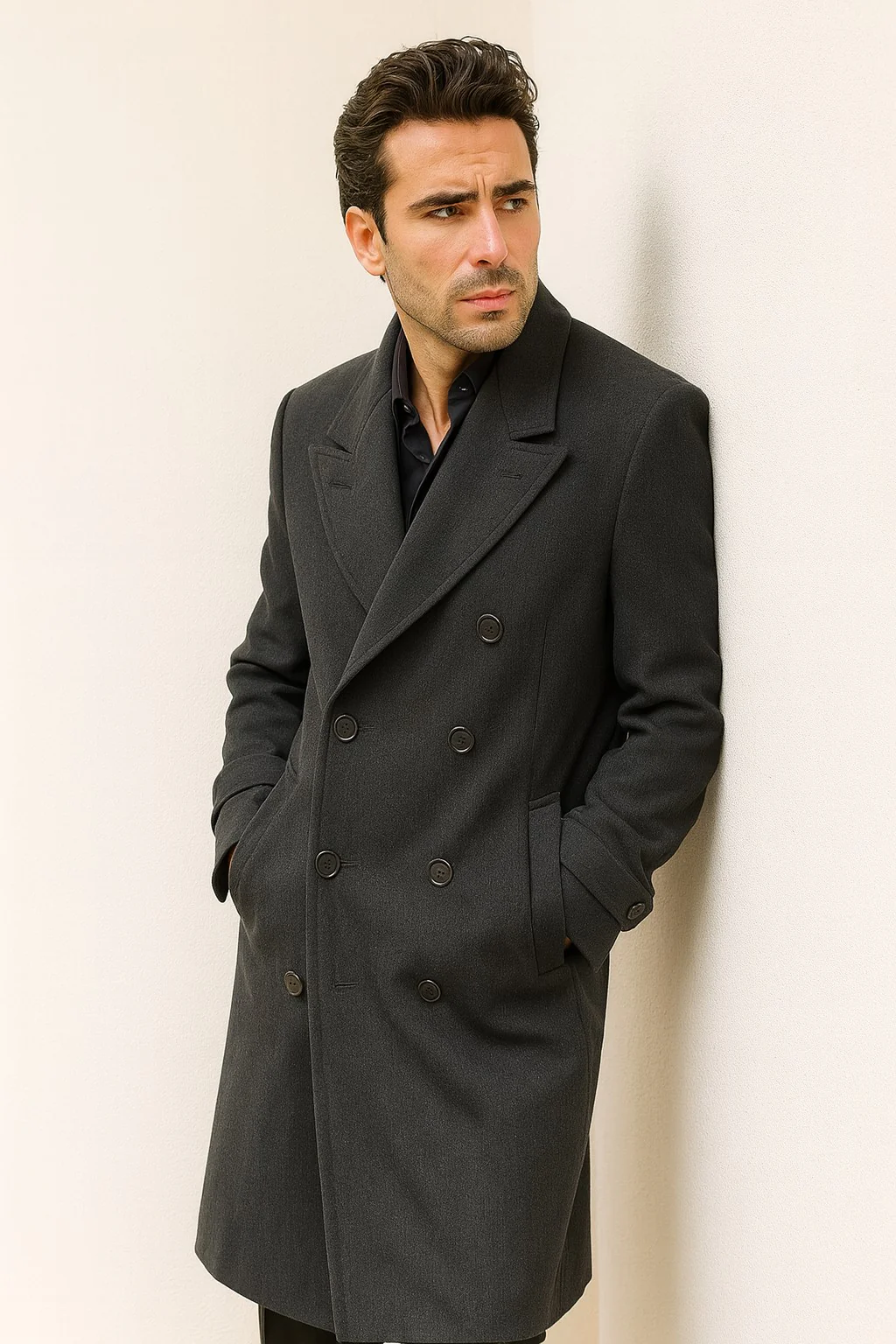 Men's Dress Coat Dress Coat Top Coat Buttons Closure Double Breasted Overcoat Charcoal Grey Full Length Maxi Coat - Image 6