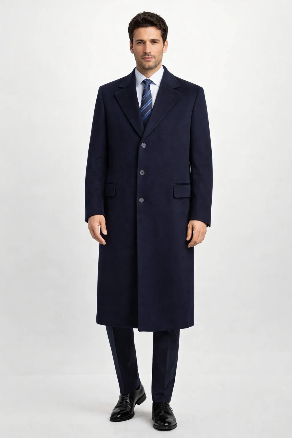 Men'S Dress Coat Long Wool Winter Dress Knee Length Coat 45 Inch Navy Blue Men'S Overcoat Classic Model Features Button Front Wool 3 Button Style