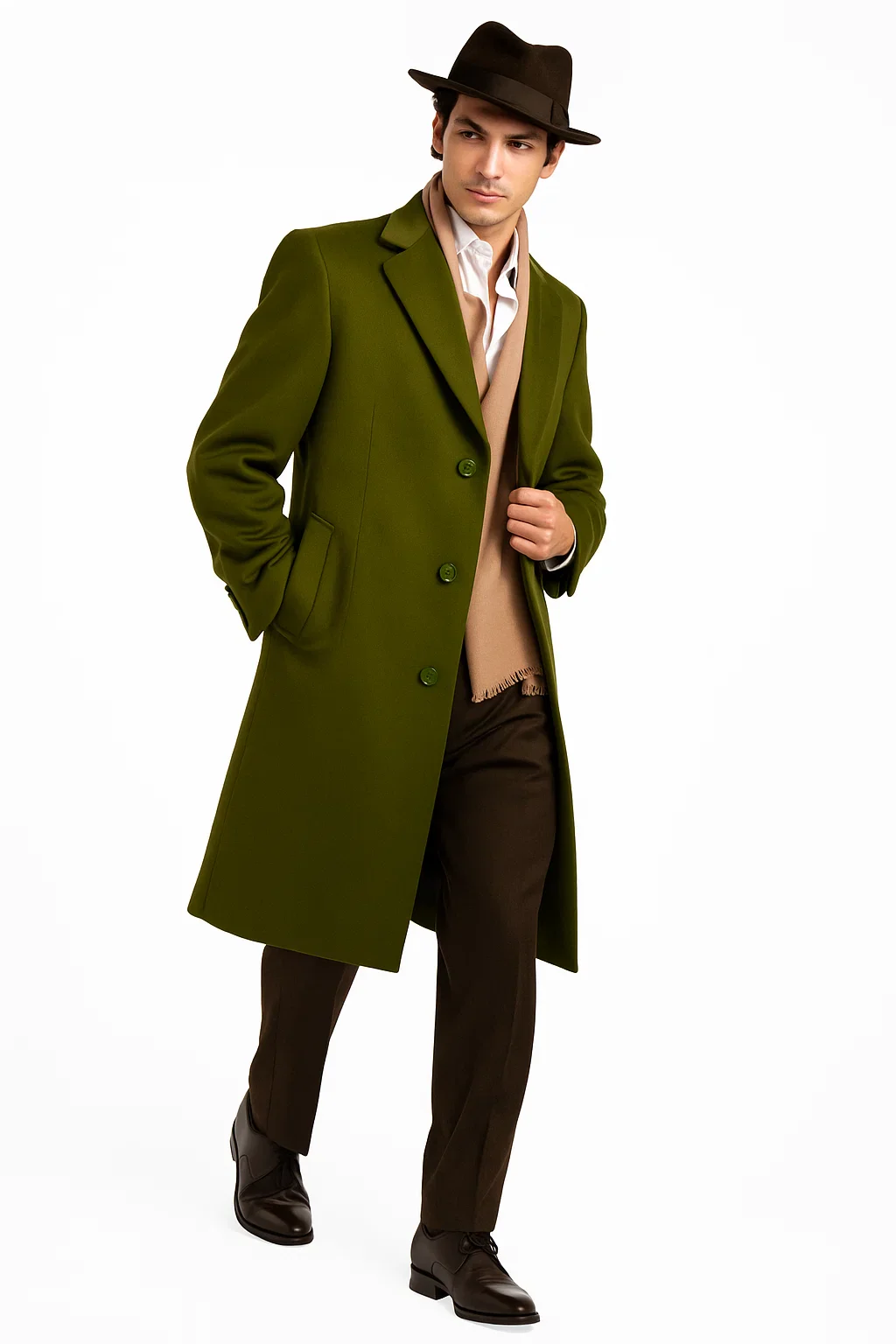 Men's Dress Coat Olive Green Overcoat 3 Button Style Wool  Winter Men's Topcoat Sale - Image 2