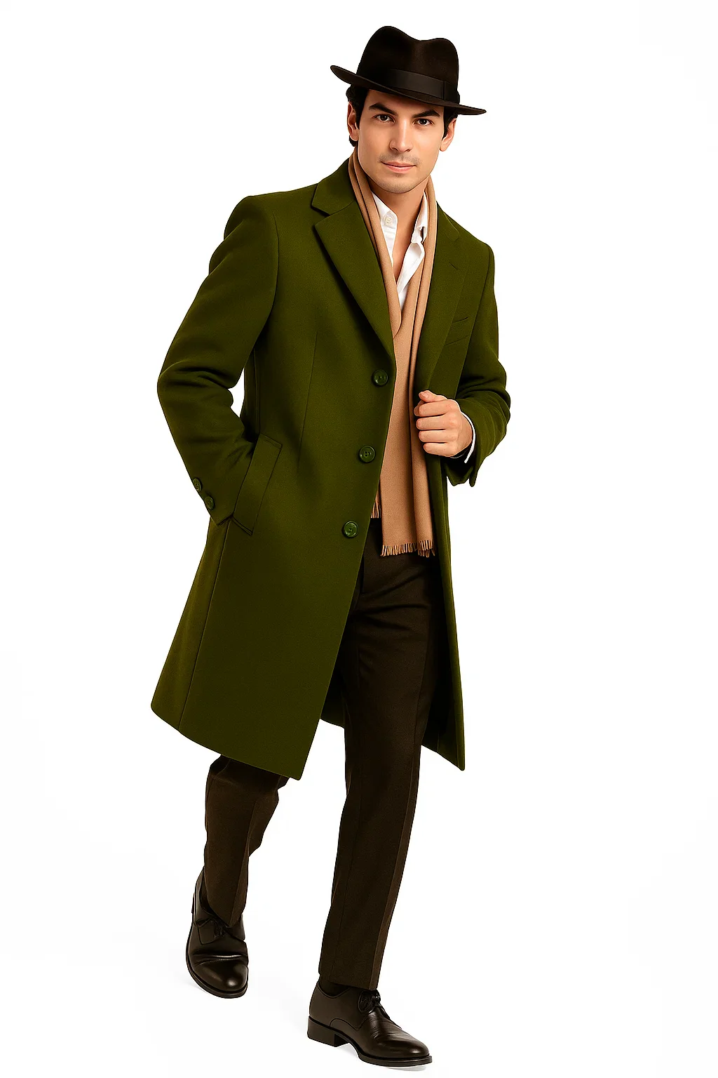 Men's Dress Coat Olive Green Overcoat 3 Button Style Wool  Winter Men's Topcoat Sale - Image 4