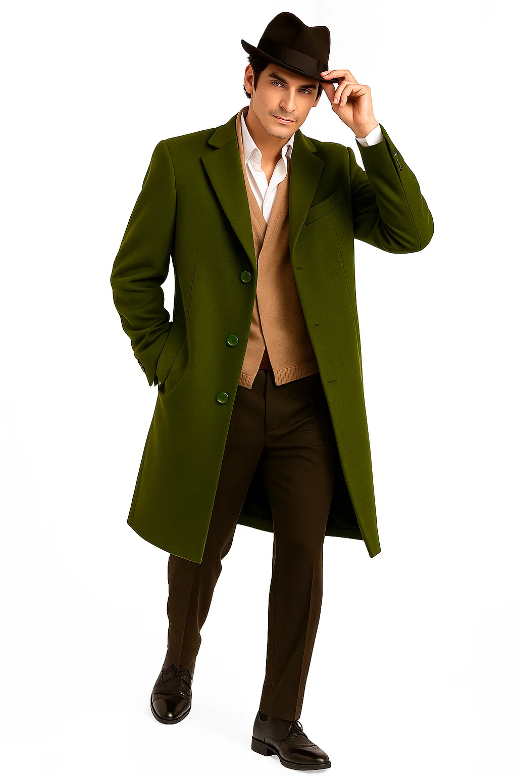 Men's Dress Coat Olive Green Overcoat 3 Button Style Wool  Winter Men's Topcoat Sale - Image 5
