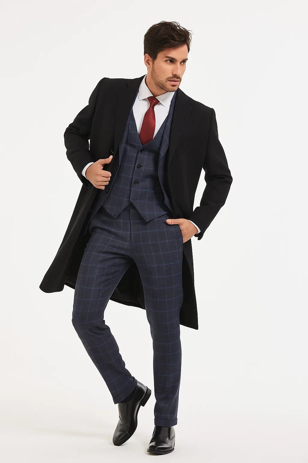 Men's Dress Coat Three Button  Wool ~ Poly Blend  Black Overcoat - Image 3