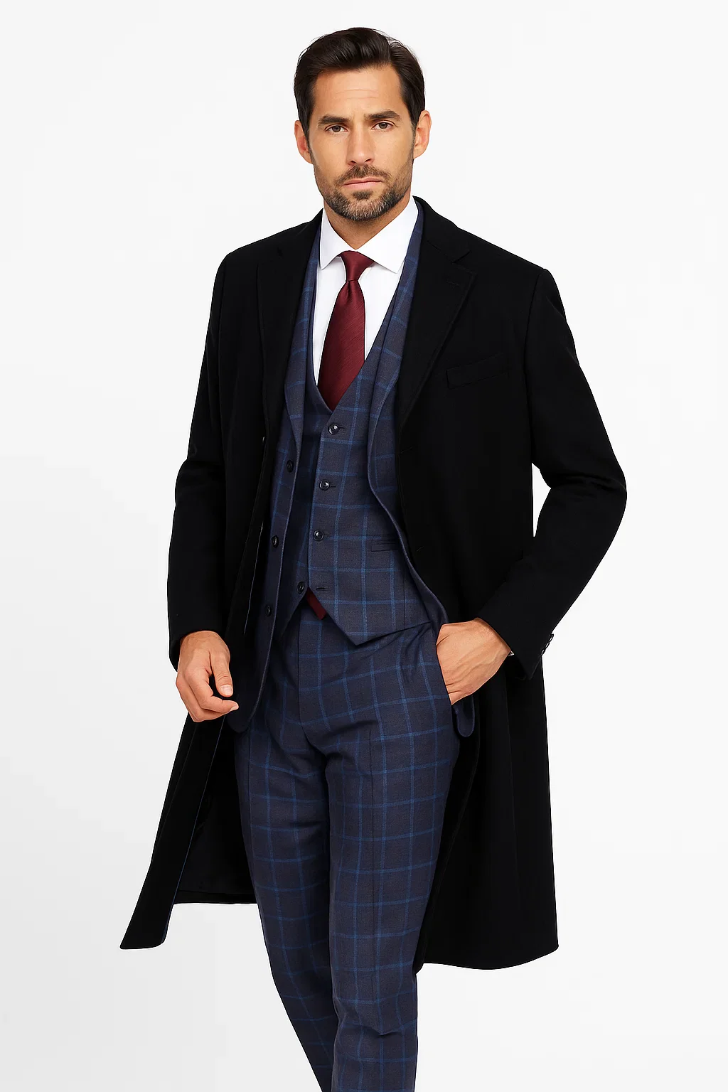 Men's Dress Coat Three Button  Wool ~ Poly Blend  Black Overcoat - Image 4