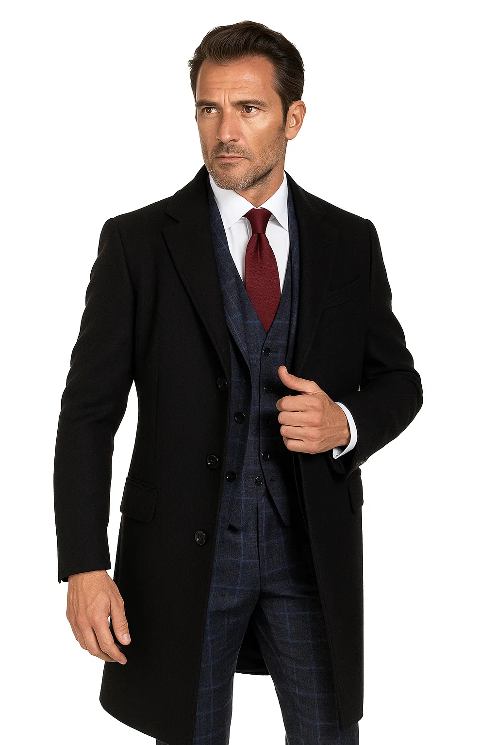 Men's Dress Coat Three Button  Wool ~ Poly Blend  Black Overcoat - Image 5