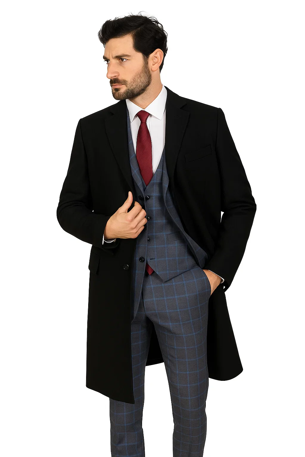 Men's Dress Coat Three Button  Wool ~ Poly Blend  Black Overcoat - Image 6