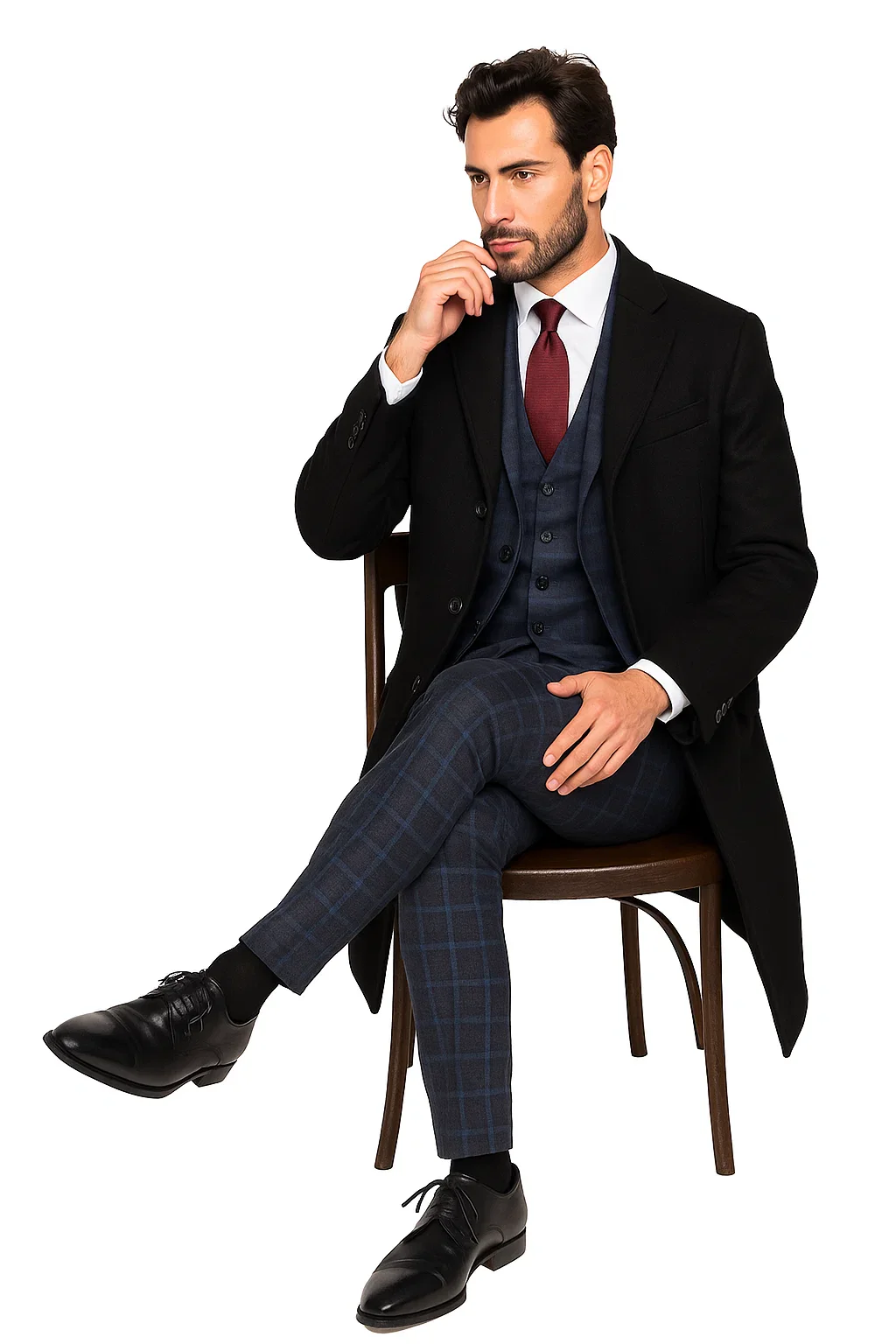 Men's Dress Coat Three Button  Wool ~ Poly Blend  Black Overcoat - Image 7