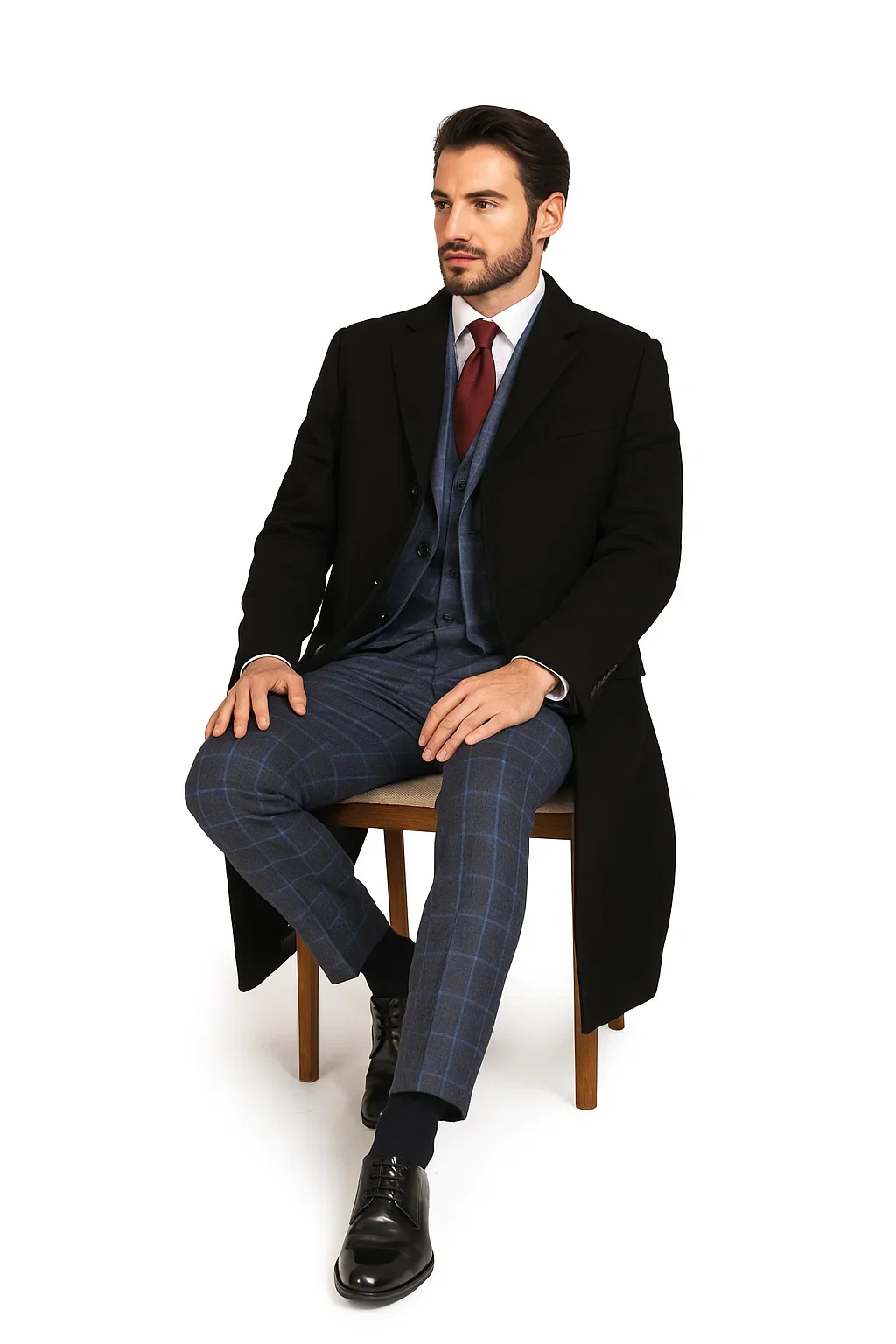 Men's Dress Coat Three Button  Wool ~ Poly Blend  Black Overcoat - Image 8