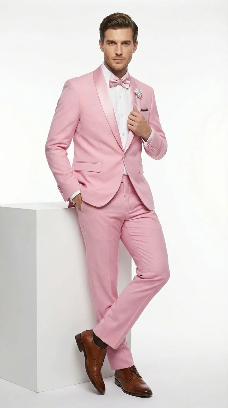 Mens Dusty Rose Pink Summer Tuxedo – Satin Shawl Lapel Formal Wedding Prom Suit - Image 2
