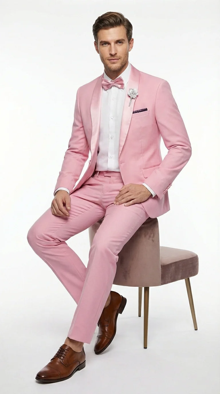 Mens Dusty Rose Pink Summer Tuxedo – Satin Shawl Lapel Formal Wedding Prom Suit - Image 3