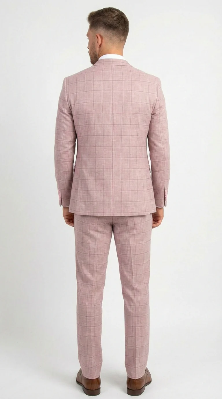 Mens Dusty Rose Three Piece Plaid Suit – Pink Check Wedding and Business Formal Suit Set Windowpane Pattern - Image 10
