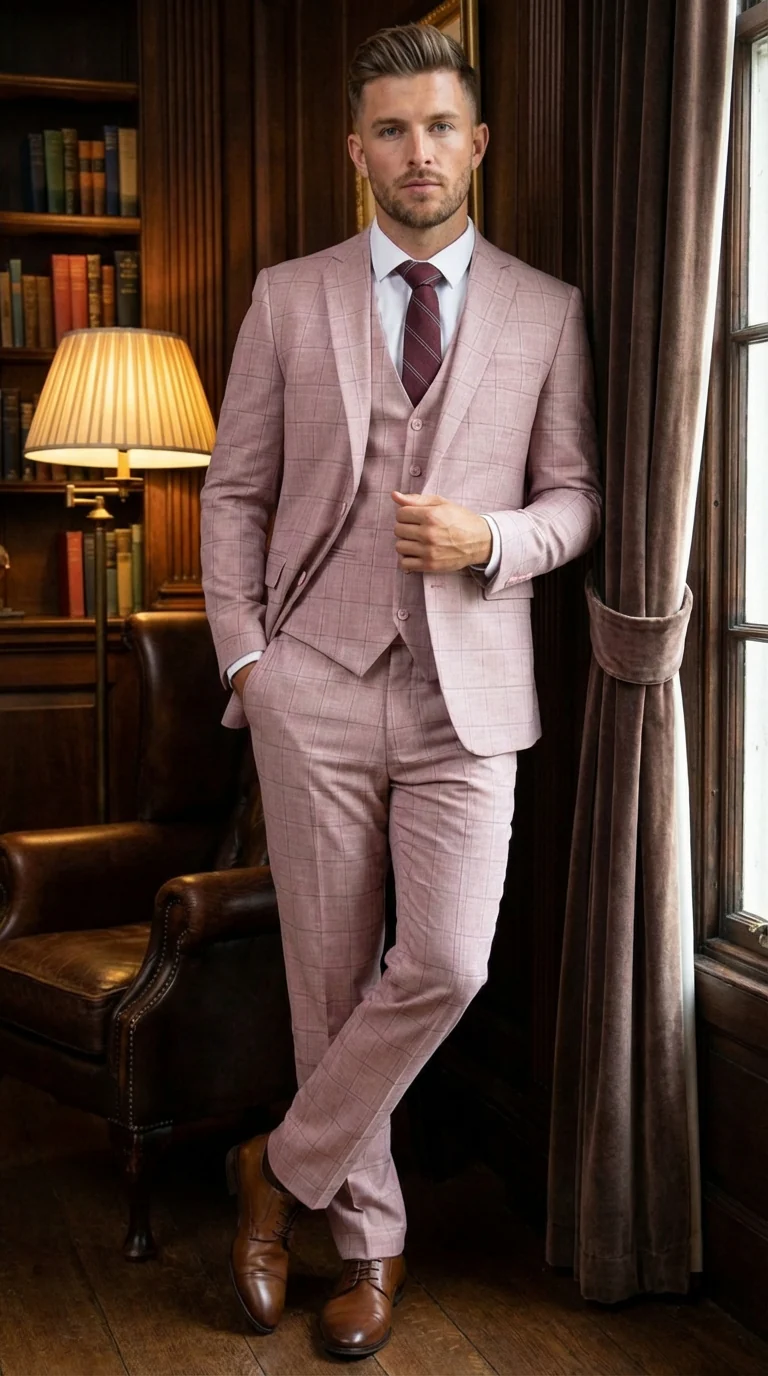 Mens Dusty Rose Three Piece Plaid Suit – Pink Check Wedding and Business Formal Suit Set Windowpane Pattern - Image 6