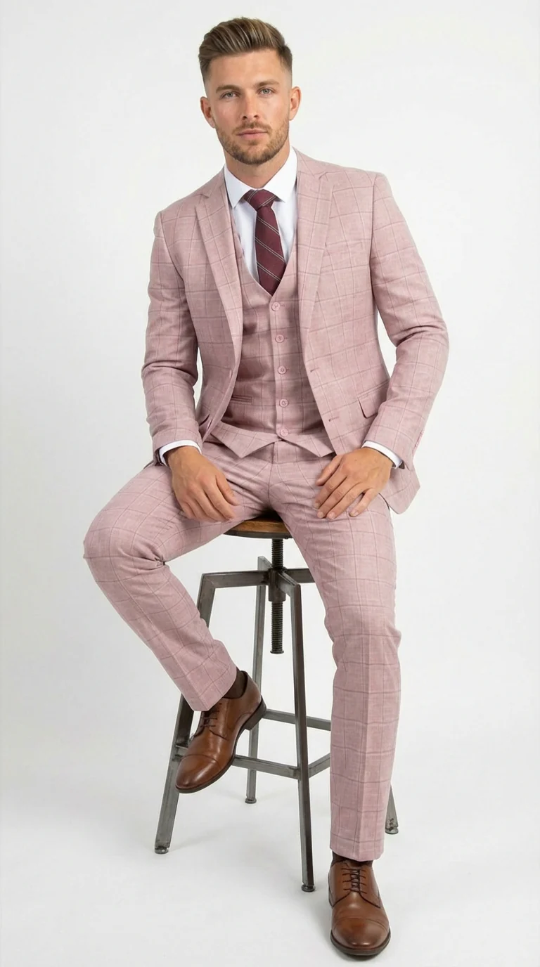 Mens Dusty Rose Three Piece Plaid Suit – Pink Check Wedding and Business Formal Suit Set Windowpane Pattern - Image 9