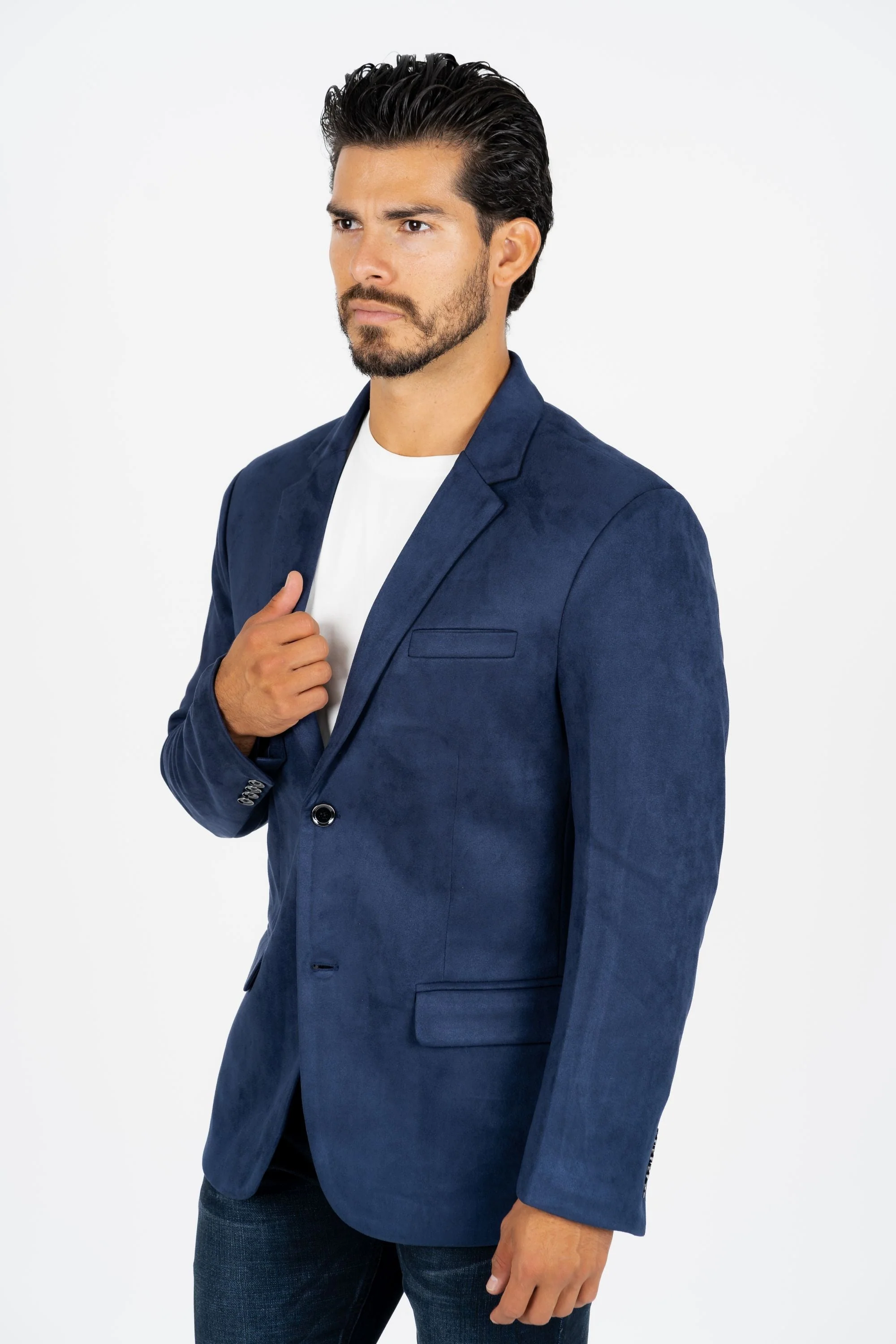 Men’s Elegant Navy Faux Suede Double-Breasted Blazer - Image 6
