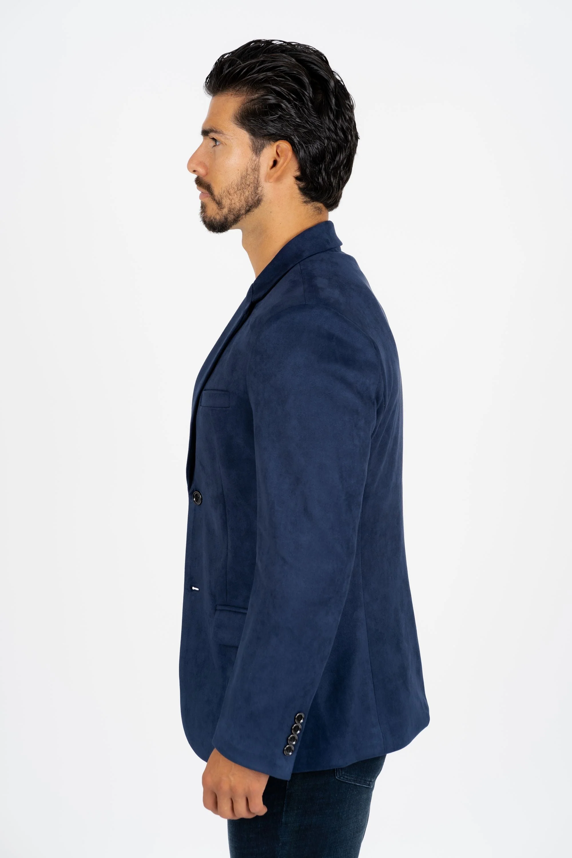 Men’s Elegant Navy Faux Suede Double-Breasted Blazer - Image 7