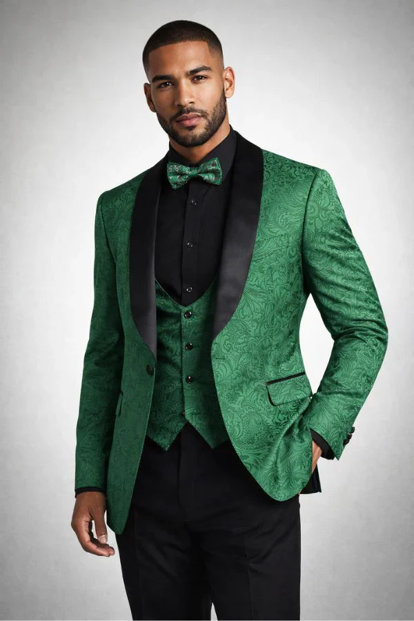 Mens Emerald Green Jacquard Tuxedo Suit - Image 3
