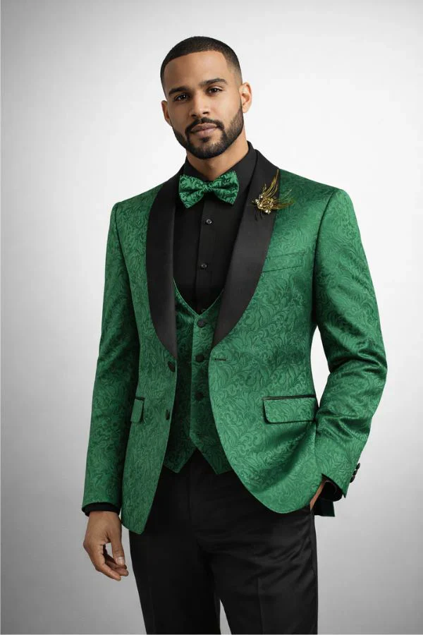 Mens Emerald Green Jacquard Tuxedo Suit - Image 4