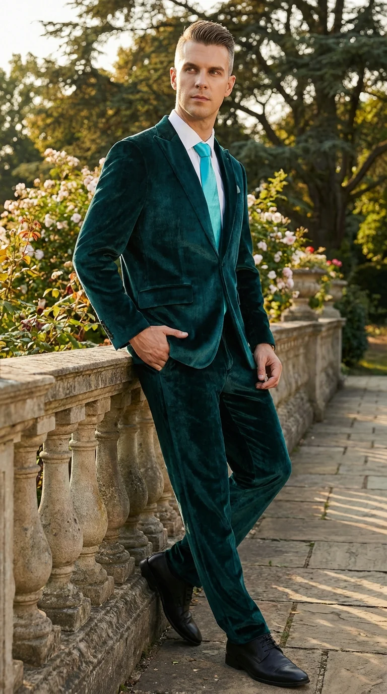 Mens Emerald Green Teal Blue Velvet Suit – Luxury Two Piece Formal Evening Suit - Image 12