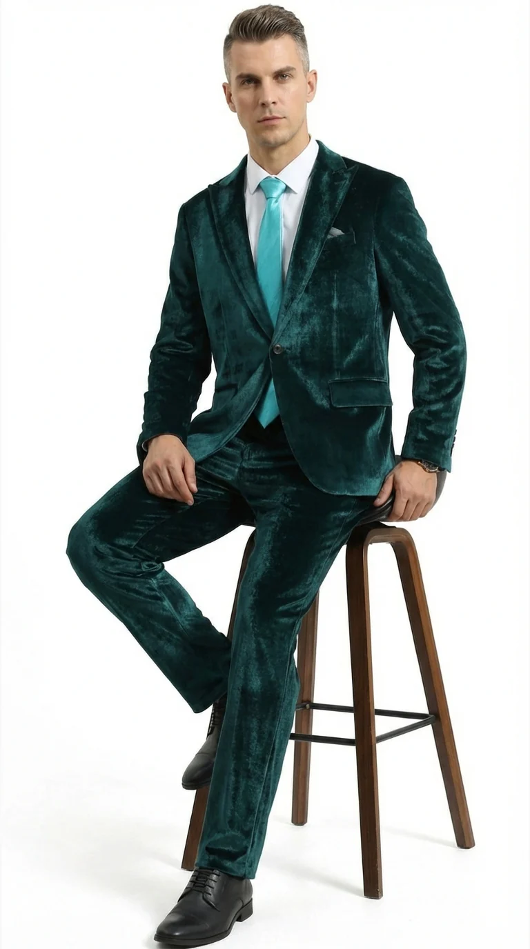 Mens Emerald Green Teal Blue Velvet Suit – Luxury Two Piece Formal Evening Suit - Image 14