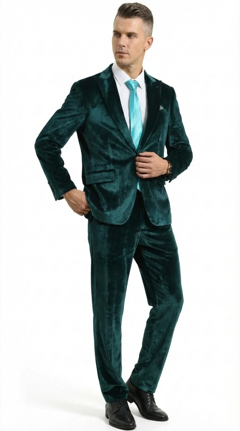 Mens Emerald Green Teal Blue Velvet Suit – Luxury Two Piece Formal Evening Suit - Image 2