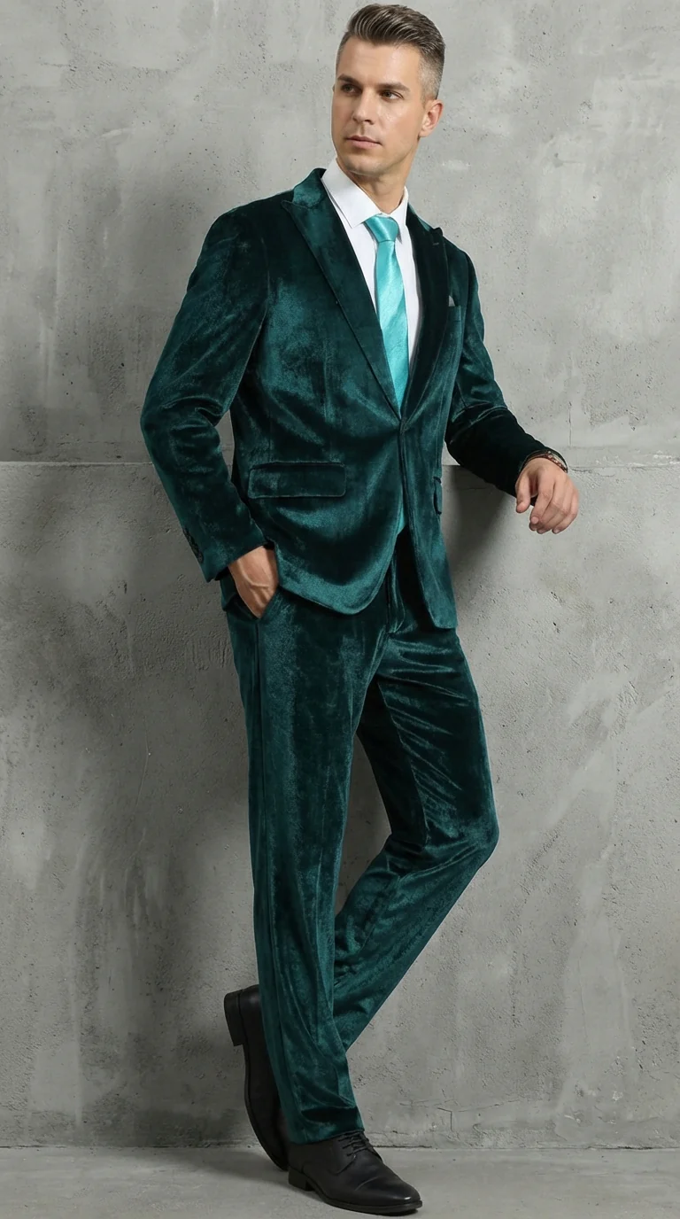 Mens Emerald Green Teal Blue Velvet Suit – Luxury Two Piece Formal Evening Suit - Image 3
