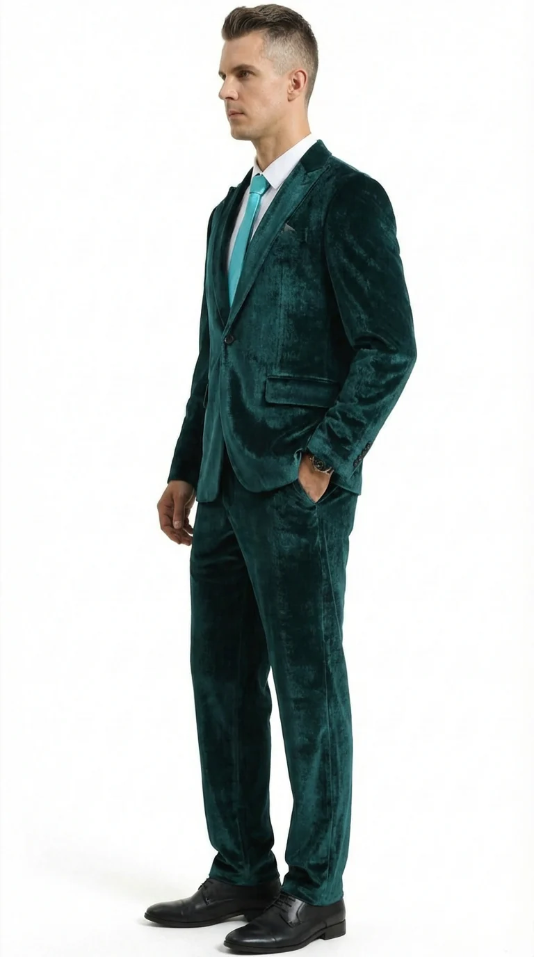 Mens Emerald Green Teal Blue Velvet Suit – Luxury Two Piece Formal Evening Suit - Image 4