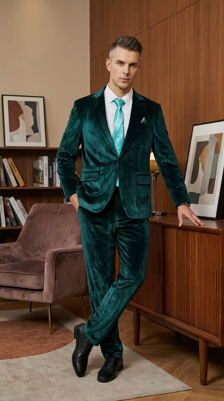 Mens Emerald Green Teal Blue Velvet Suit – Luxury Two Piece Formal Evening Suit - Image 7