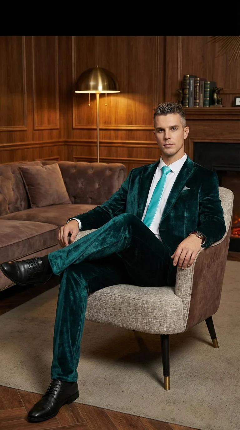 Mens Emerald Green Teal Blue Velvet Suit – Luxury Two Piece Formal Evening Suit - Image 8