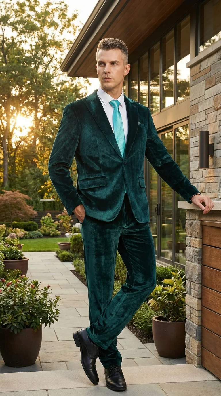Mens Emerald Green Teal Blue Velvet Suit – Luxury Two Piece Formal Evening Suit - Image 9